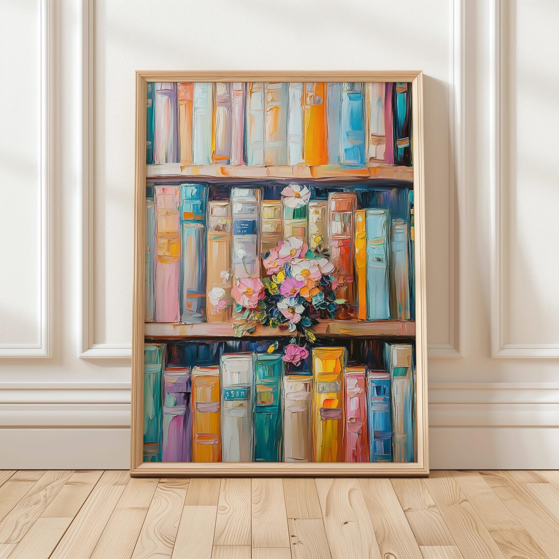 Colorful Book Shelf Art Print, Floral Library Decor