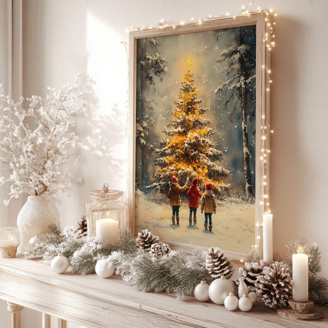 Three Children Admiring Glowing Christmas Tree Snowy Forest Poster - Image 5