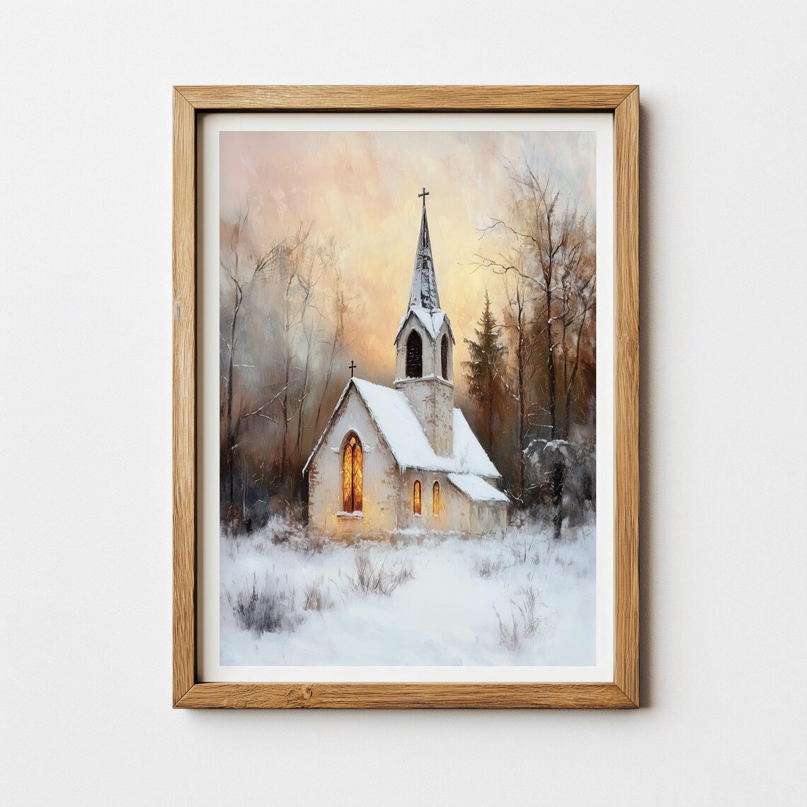 Vintage Winter Church Art Print, Rustic Landscape - Image 3