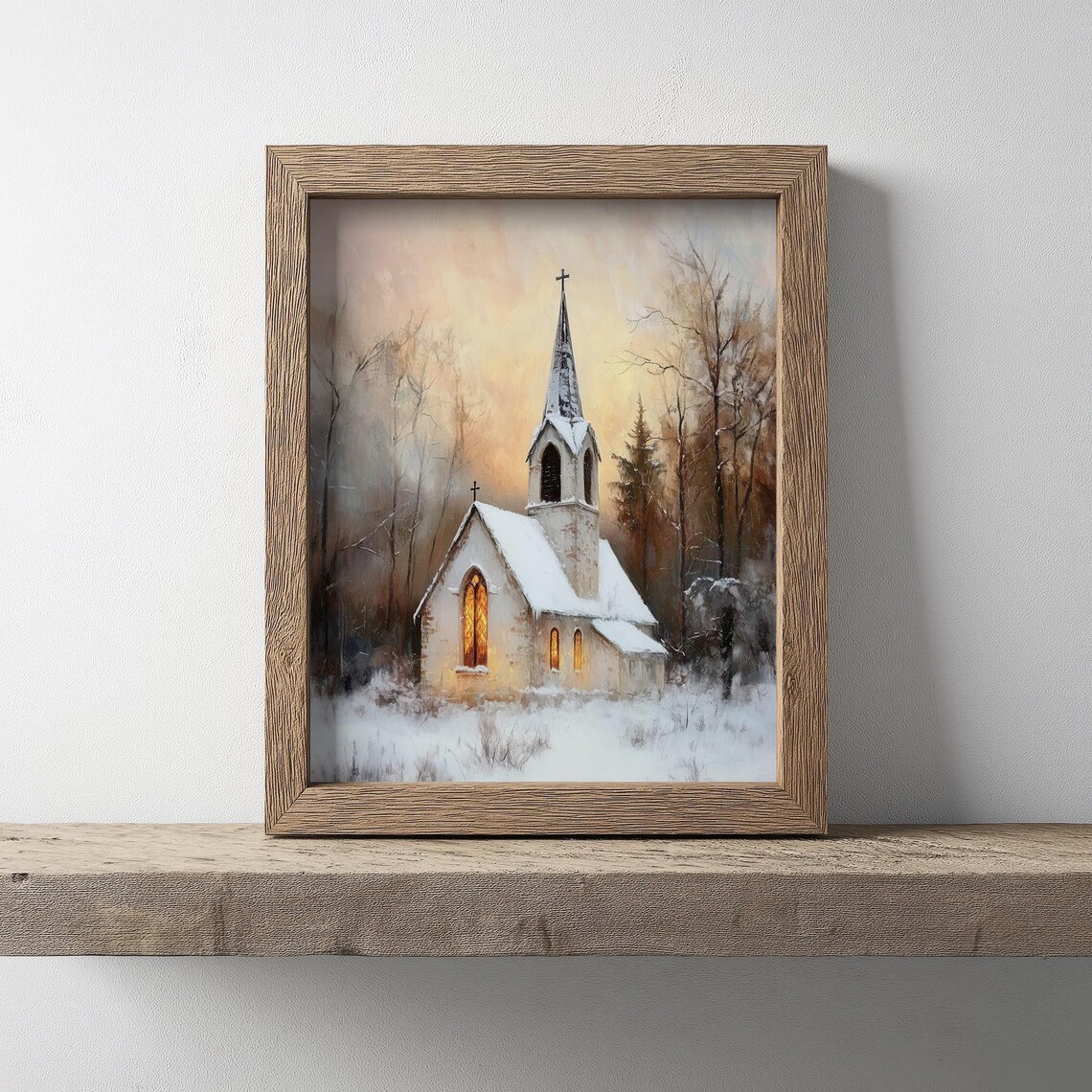 Vintage Winter Church Art Print, Rustic Landscape - Image 2