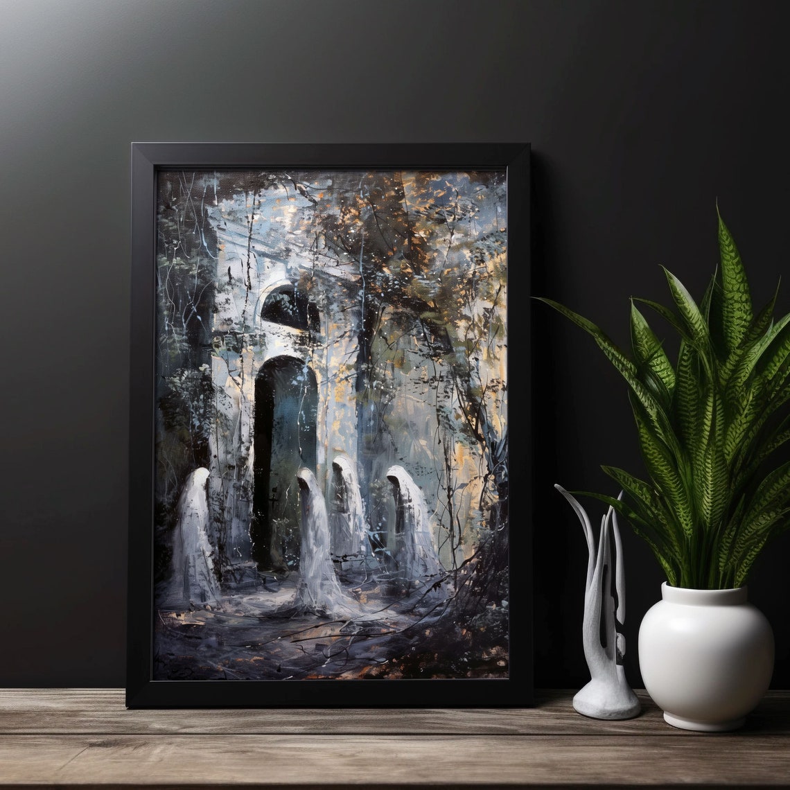 Ghosts Among Ancient Ruins Dark Forest Night Gothic Art Poster - Image 4
