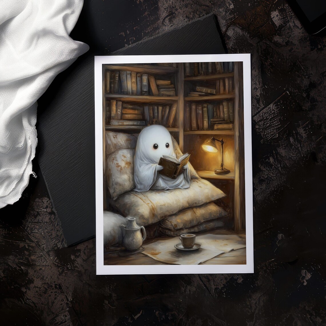 Cozy Ghost Library Art Print, Bookish Halloween Decor - Image 4
