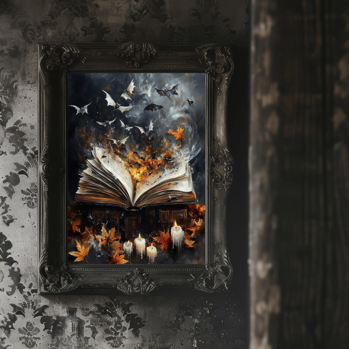 Open Magic Book with Flying Bats and Flames Dark Halloween Spell Poster - Image 8