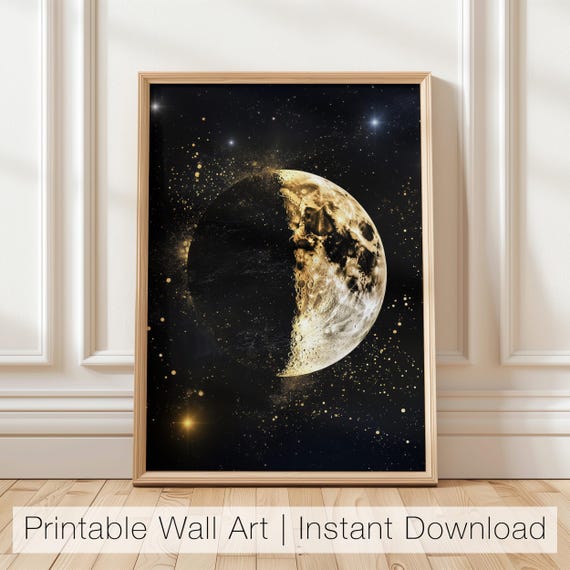 Gold Moon Wall Art Celestial Moon Phase Printable Lunar Decor Cosmic Space Art Print Astrology Poster
