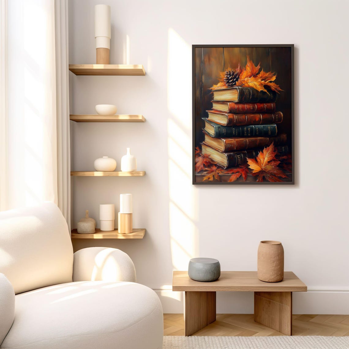 Vintage Autumn Book Stack Painting Fall Leaves Cozy Art Poster - Image 3