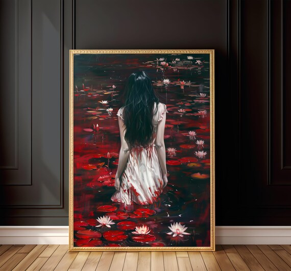 Haunting Woman in White Dress in Dark Red Water Lily Pond Gothic Poster