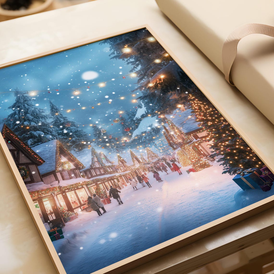 Christmas Village Art Winter Wonderland Printable Snowy Street Scene Holiday Season Wall Art Festive Town Decor Christmas Lights Print - Image 4