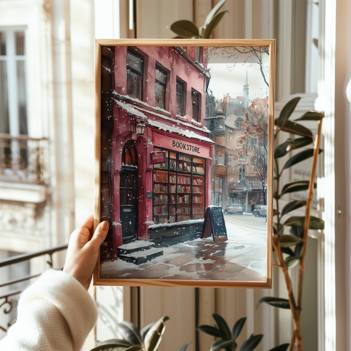 Red Bookstore Facade on a Snowy Winter Street Watercolor Poster - Image 4