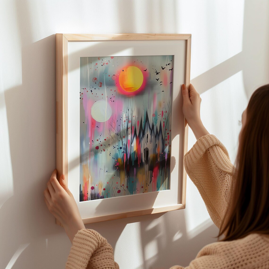 Colorful Gothic Castle Neon Drip Paint Haunted Sunset Wall Art - Image 4