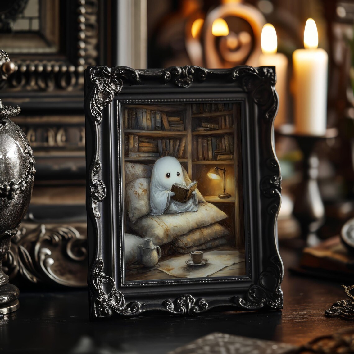 Cozy Ghost Library Art Print, Bookish Halloween Decor - Image 6