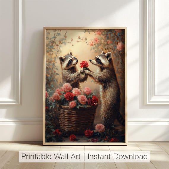Romantic Cute Raccoon Wall Art Rose Bouquet Animal Couple Art Valentine Animal Print Romantic Wall Decor