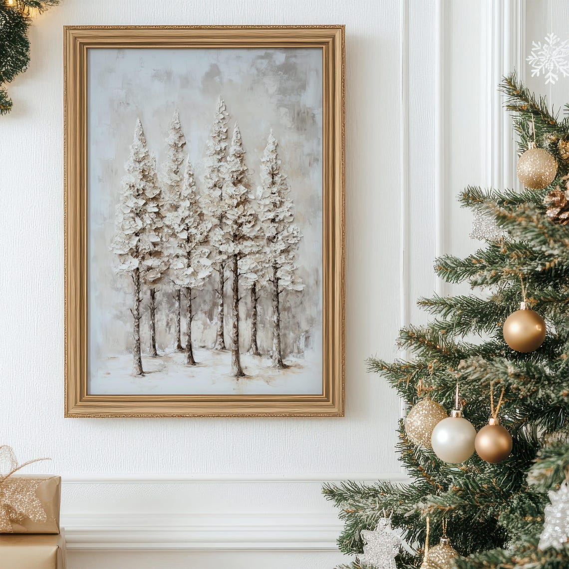 Snowy Pine Forest Textured Impasto Landscape Painting Poster - Image 3