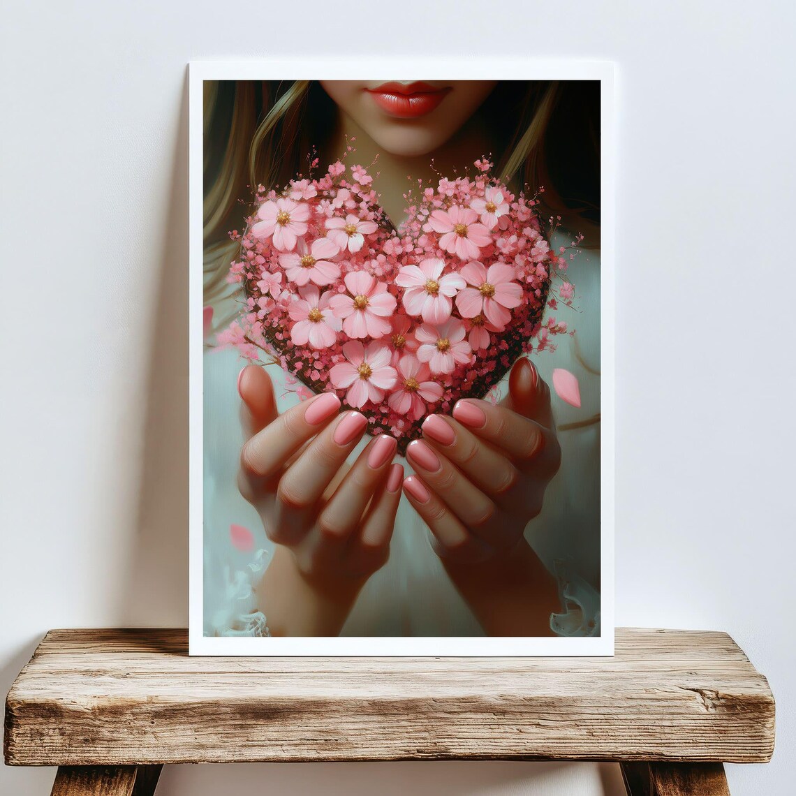 Woman Holding Heart Of Pink Flowers Romantic Floral Art Poster - Image 5