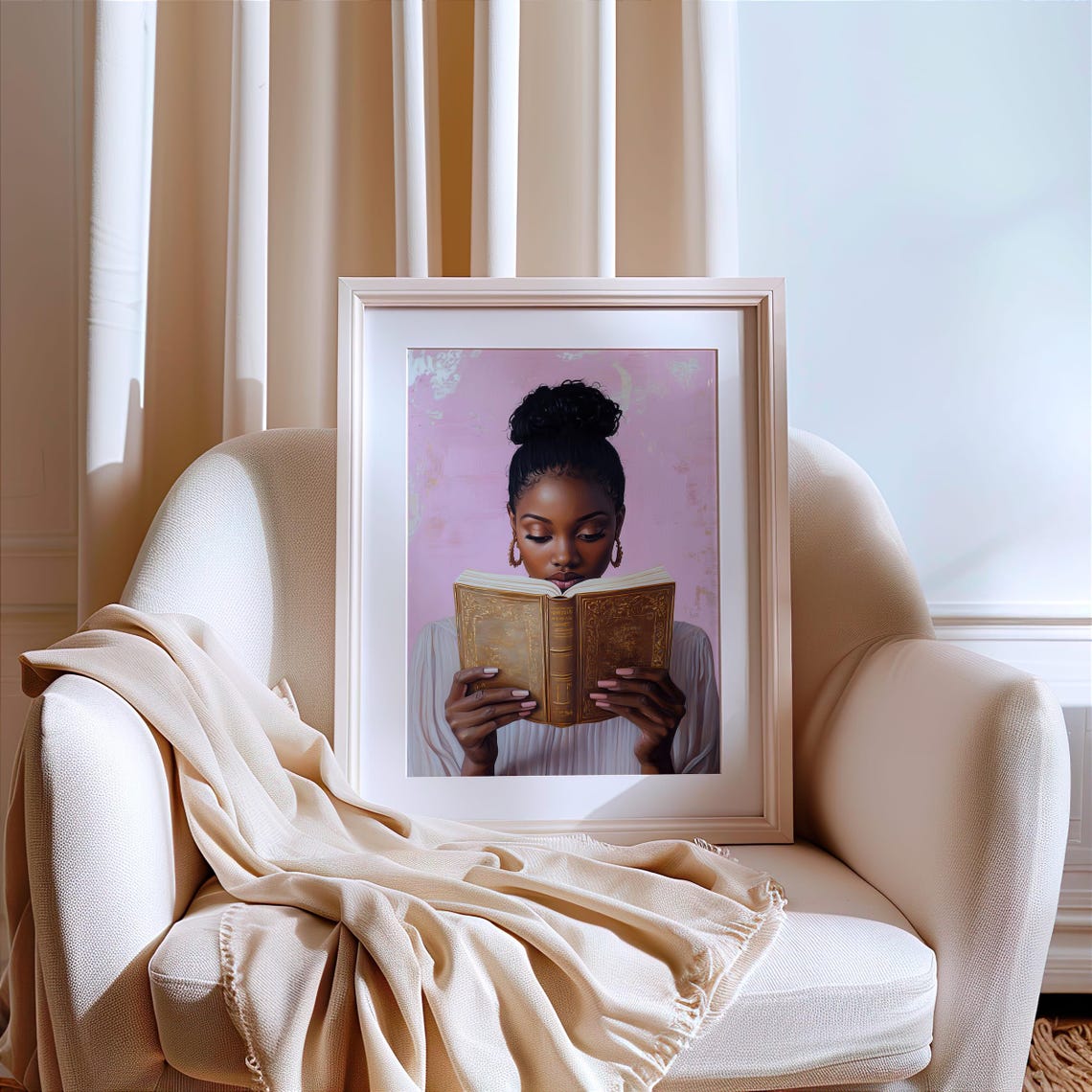 Black Woman Reading Gilded Book Pink Background Book Lover Poster - Image 2
