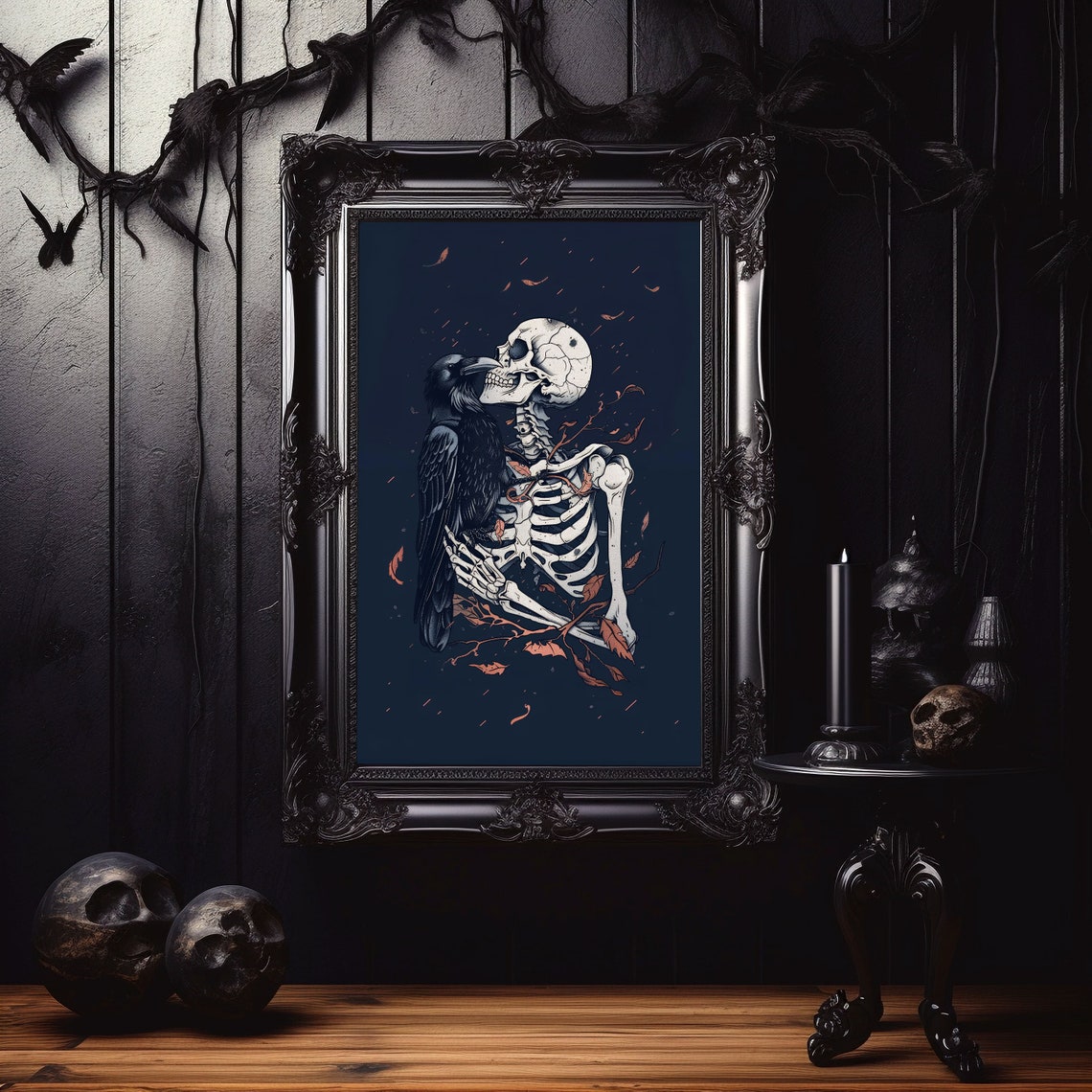 Dark Skeleton And Raven Amid Falling Leaves Gothic Fantasy Art Poster - Image 6