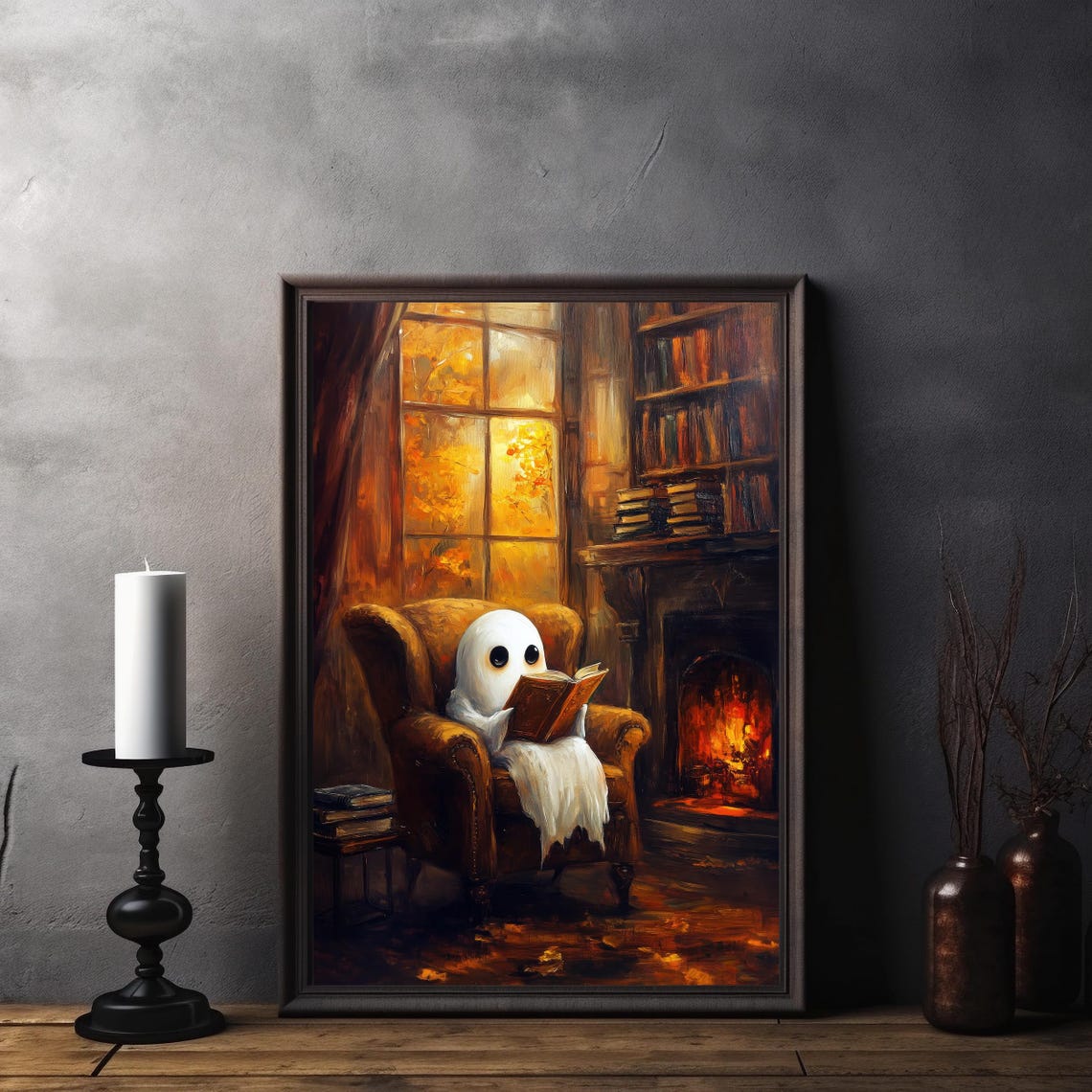 Cozy Ghost Reading by Fireplace in Dark Academia Library Poster - Image 2