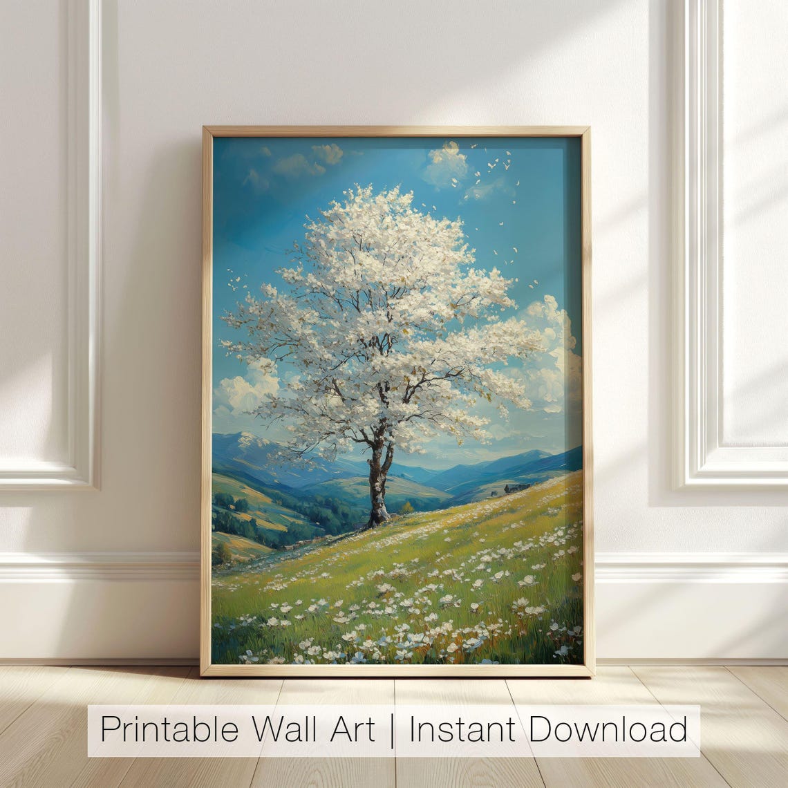 White Blossom Tree On Spring Hill With Wildflowers Art Poster