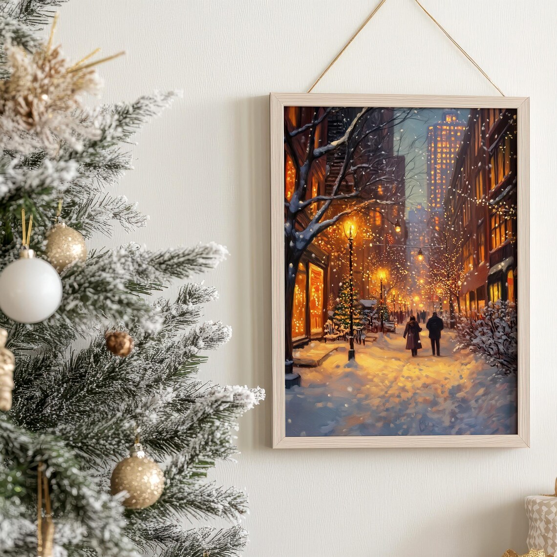 Winter City Street Christmas Art Print, Holiday Cityscape - Image 3