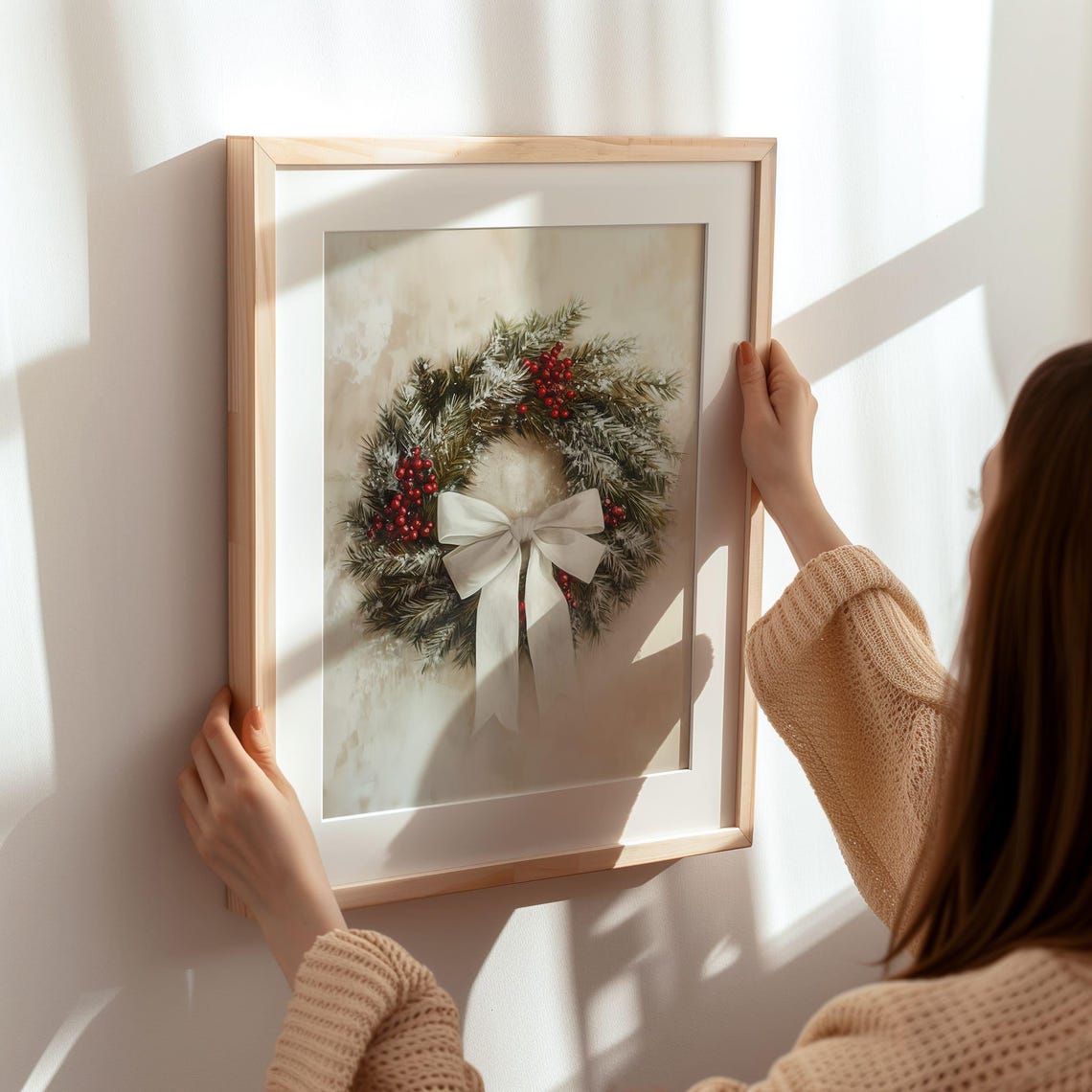 Vintage Christmas Wreath With White Bow Red Berries Pine Poster - Image 7