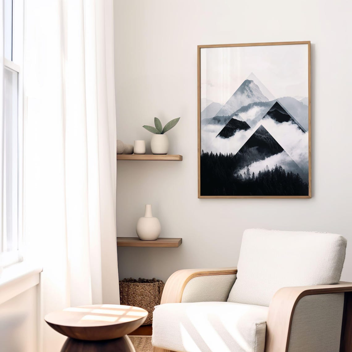 Geometric Triangle Black and White Foggy Mountain Landscape Poster - Image 4