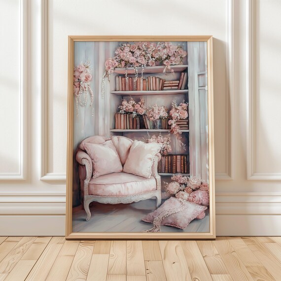 Pink Floral Bookshelf Reading Nook Shabby Chic Book Lover Poster