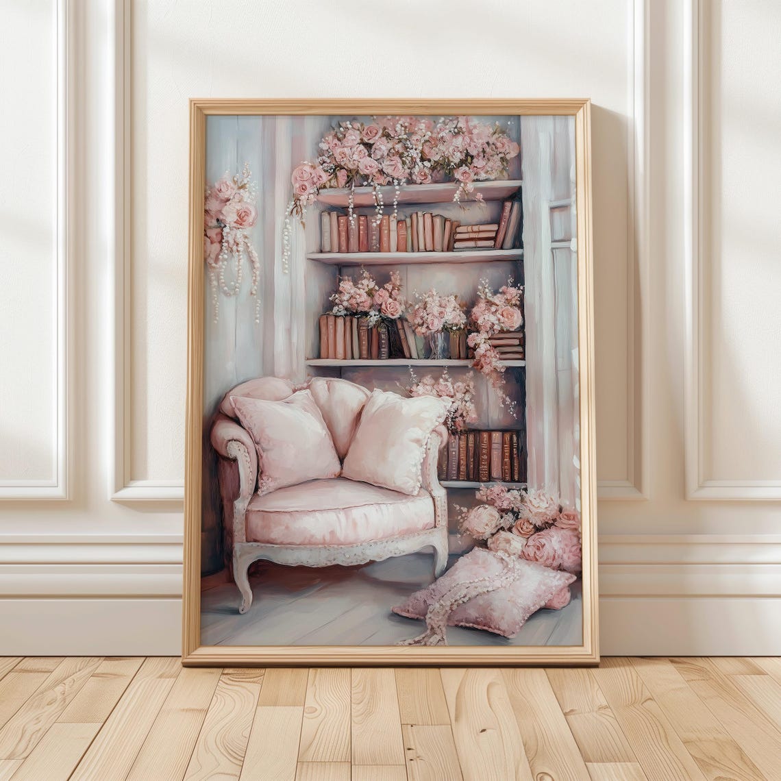 Pink Floral Bookshelf Reading Nook Shabby Chic Book Lover Poster