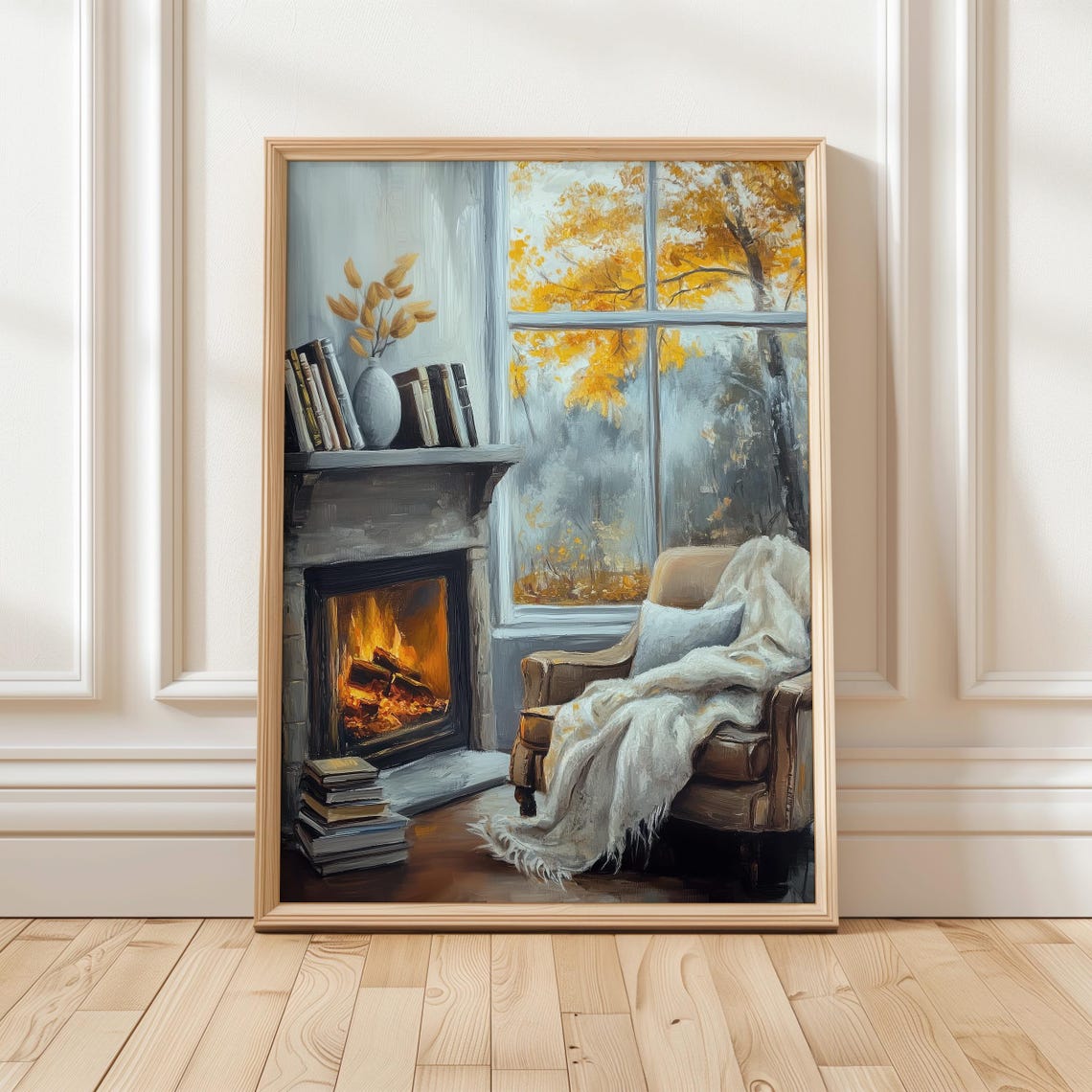 Cozy Fireplace Reading Corner With Autumn Window View Poster