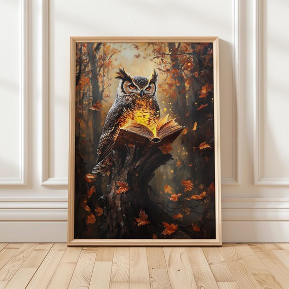 Mystical Owl With Glowing Book Autumn Forest Halloween Poster