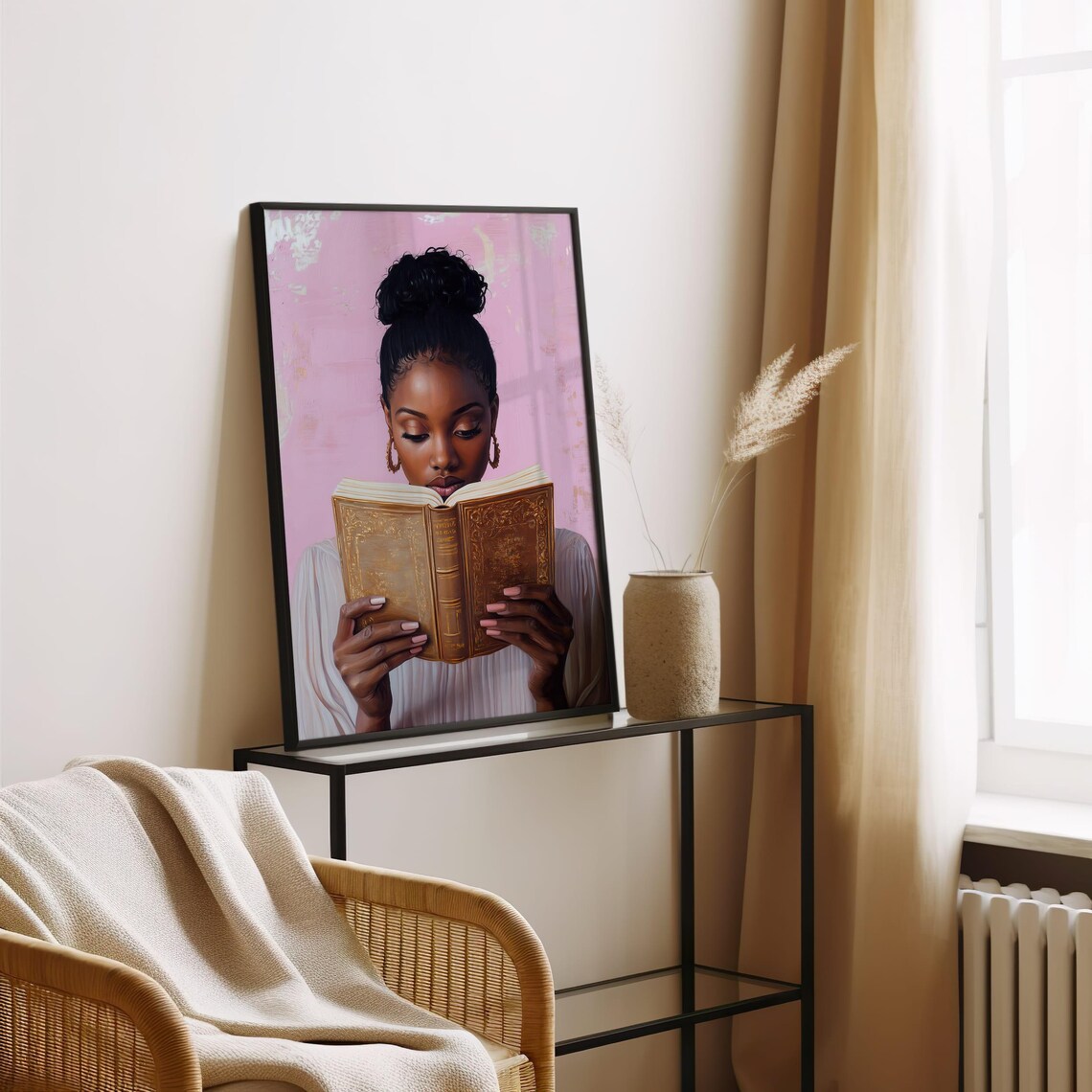 Black Woman Reading Gilded Book Pink Background Book Lover Poster - Image 4