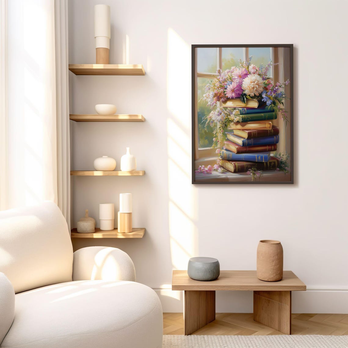 Floral Book Stack Watercolor Painting Library Reading Decor Poster - Image 3