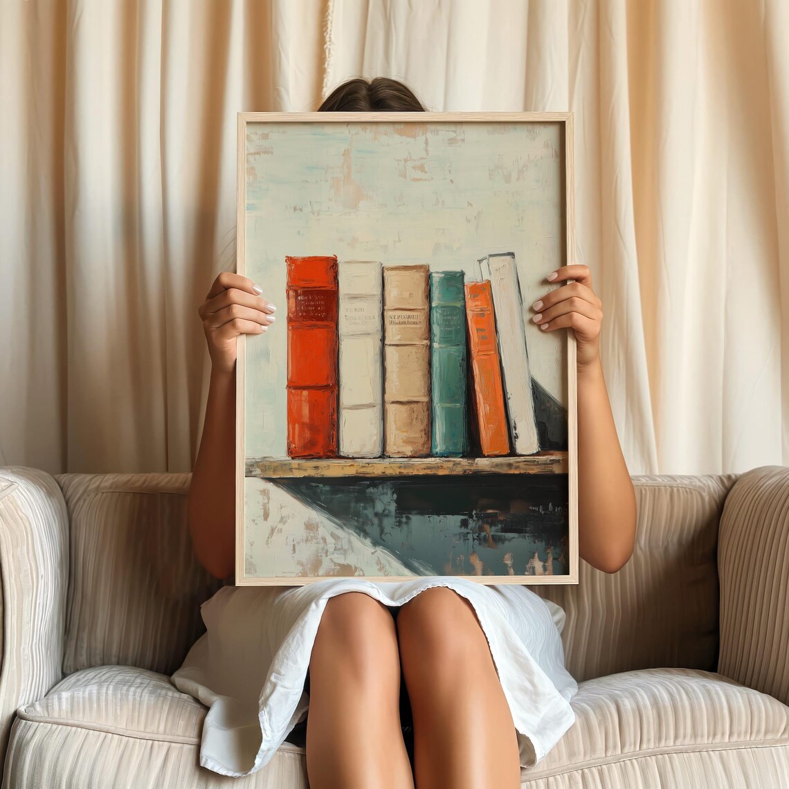 Minimalist Vintage Books On Wooden Shelf Oil Painting Poster - Image 3