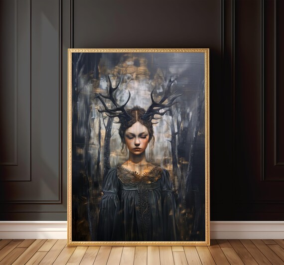 Gothic Antlered Woman Dark Forest Mystery Portrait Art Poster