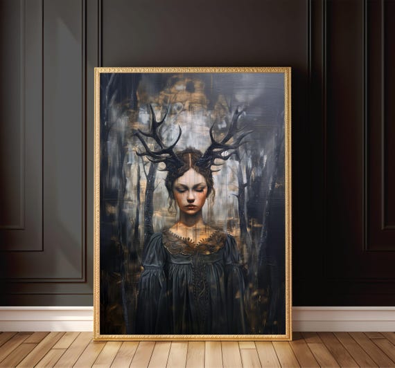 Gothic Forest Maiden Art Print Antlered Woman Fantasy Wall Art Mystical Dark Decor Ethereal Artwork