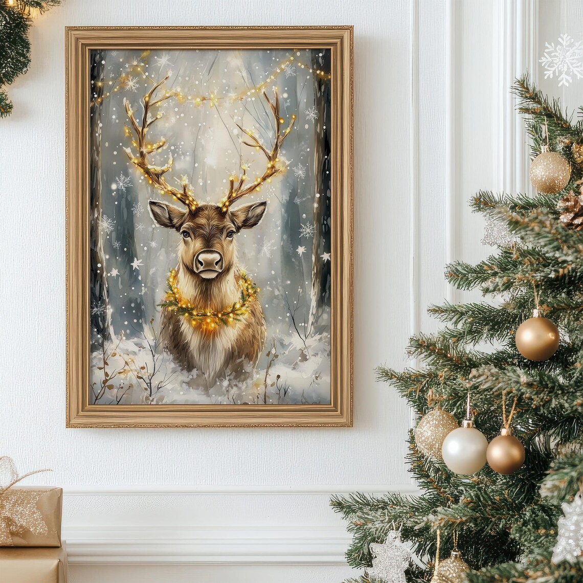 Christmas Reindeer With Lights Snowy Forest Winter Deer Poster - Image 3