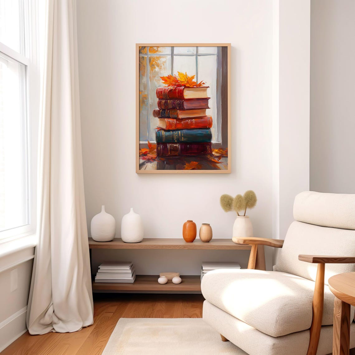 Vintage Book Stack By Window Autumn Maple Leaves Decor Art Poster - Image 8