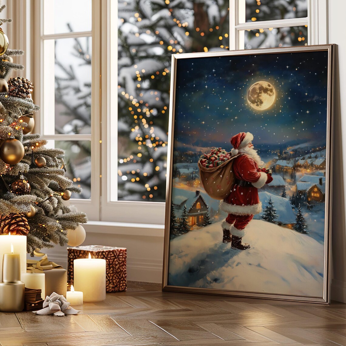 Santa Claus Christmas Night with Full Moon Art Print - Image 6