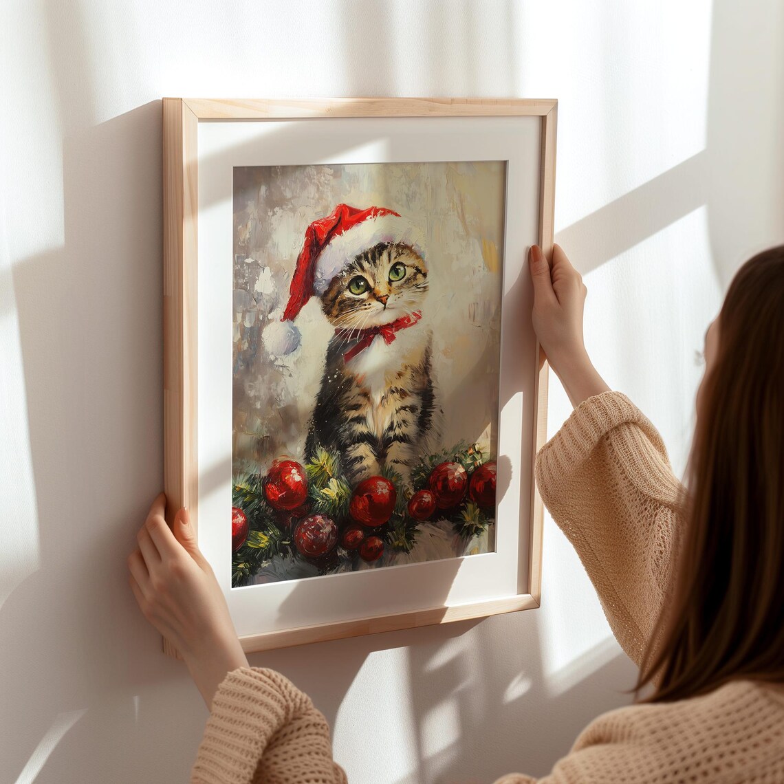 Tabby Kitten in Santa Hat With Christmas Ornaments Painting Poster - Image 8