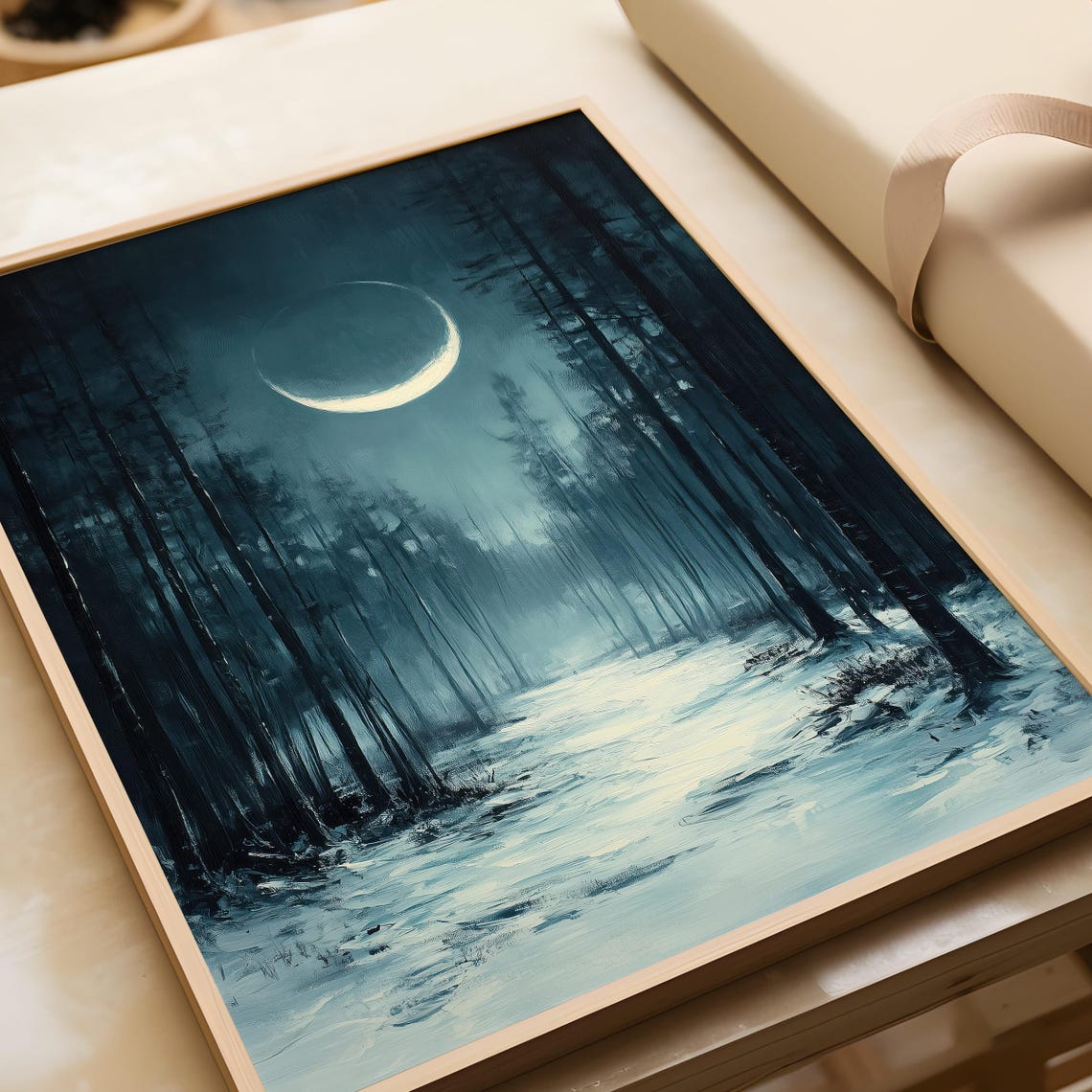 Dark Moonlit Pine Forest Path With Glowing Crescent Moon Poster - Image 3