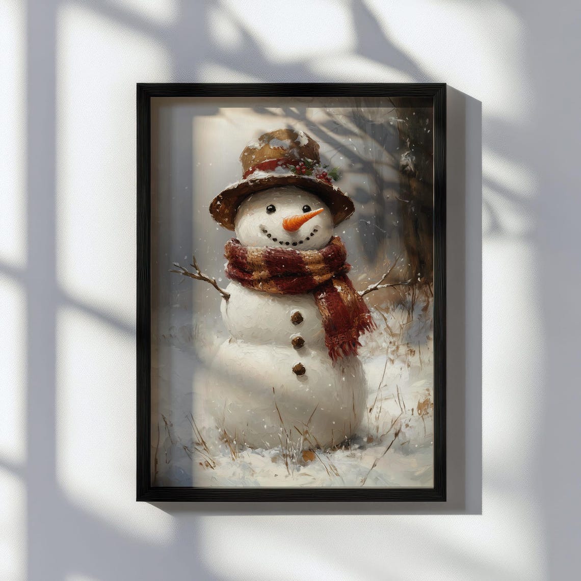 Cheerful Snowman With Red Scarf in Snowy Winter Woods Poster - Image 2