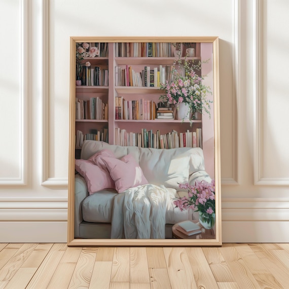 Cozy Pink Reading Nook Bookshelf Floral Book Lover Cozy Decor Wall Art
