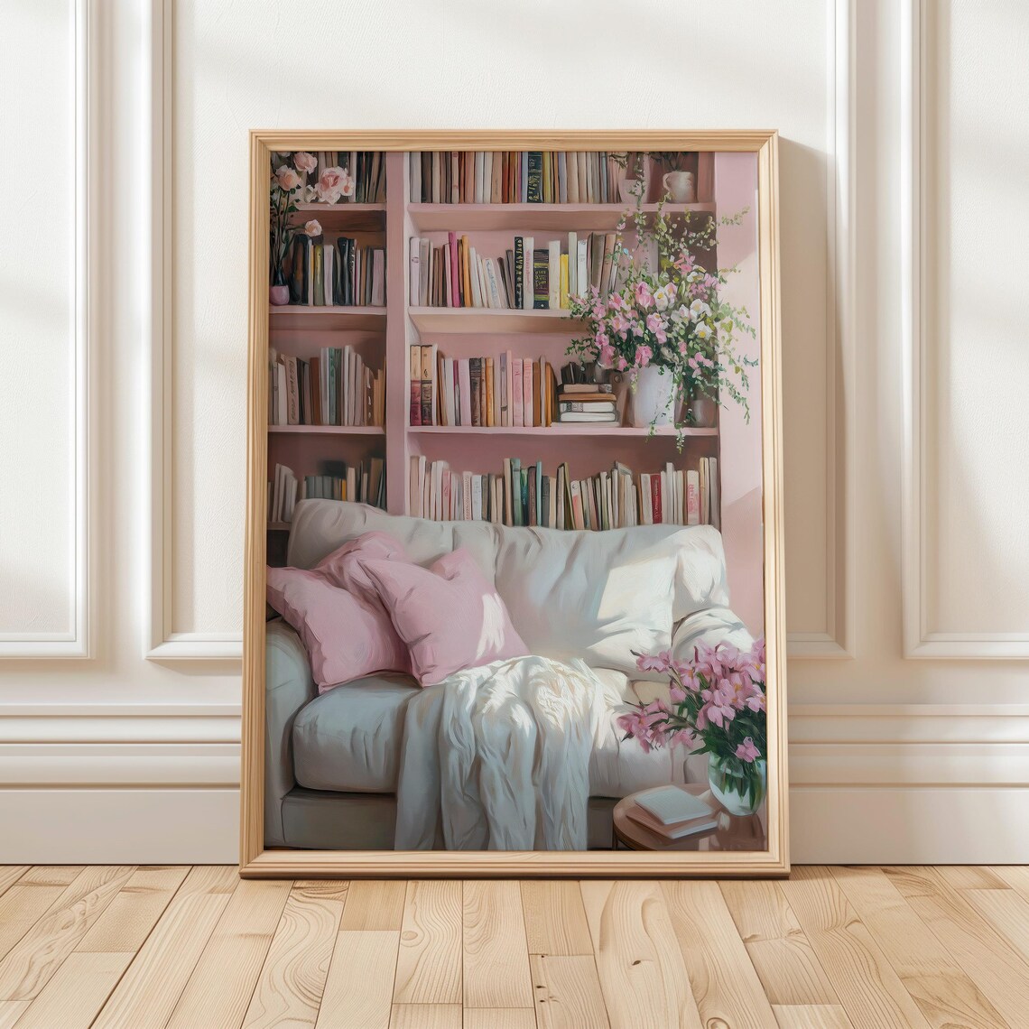 Cozy Pink Reading Nook Bookshelf Floral Book Lover Cozy Decor Wall Art