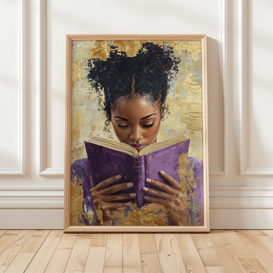 African American Woman Reading Purple Book Gold Leaf Art Poster