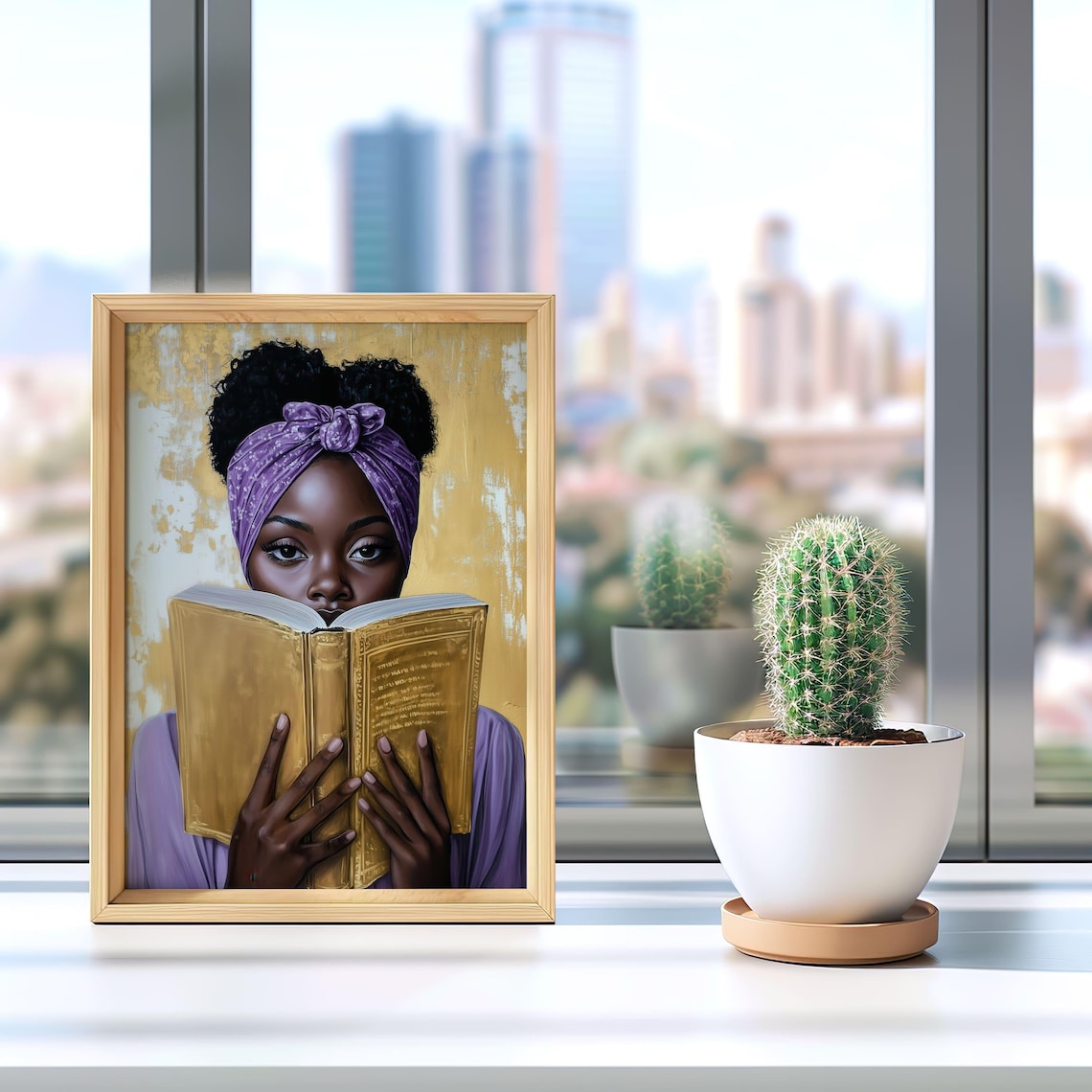 Black Woman Reading Golden Book Purple Headwrap Portrait Poster - Image 3