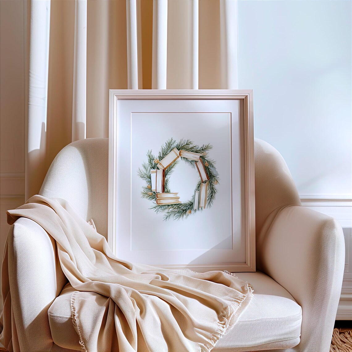 Watercolor Christmas Wreath of Books Pine Branches Holiday Poster - Image 3