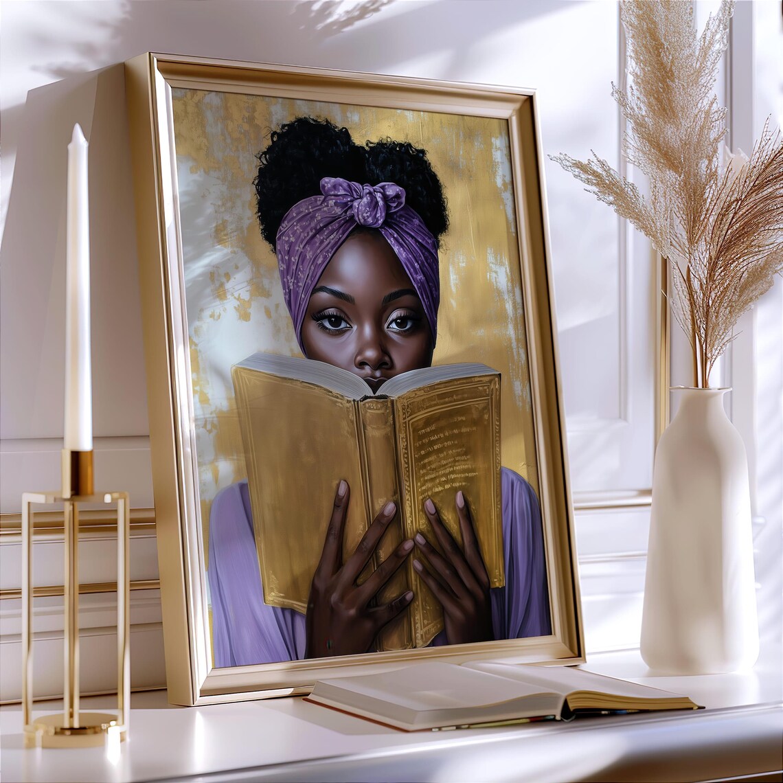 Black Woman Reading Golden Book Purple Headwrap Portrait Poster - Image 2
