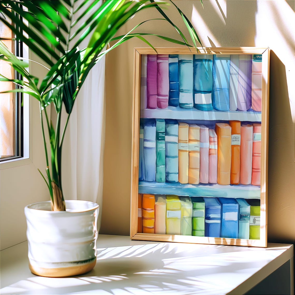 Rainbow Watercolor Bookshelf With Pastel Books Library Poster - Image 7