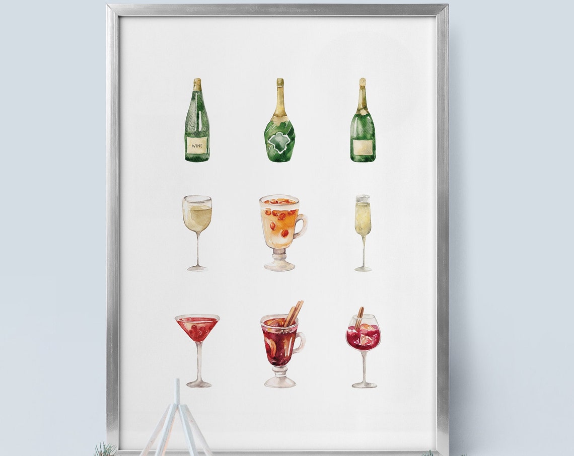Christmas Watercolor Drinks Mulled Wine Champagne Cocktail Art Poster - Image 5