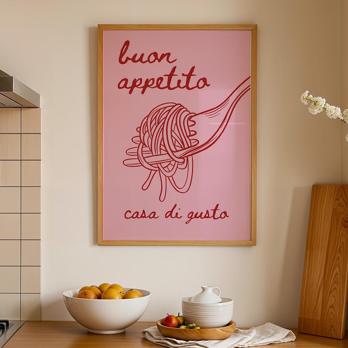 Buon Appetito Spaghetti Fork Pink Italian Retro Kitchen Wall Art