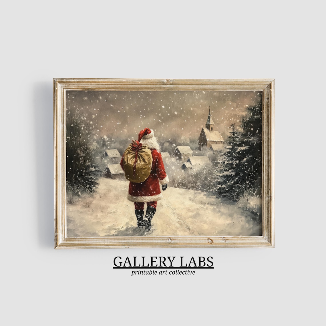 Vintage Santa Claus Snowy Village Walking Sack Christmas Art Poster