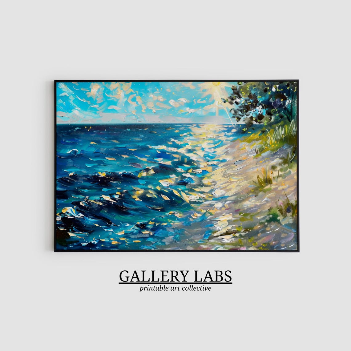 Abstract Teal Ocean Waves Modern Misty Coastal Scene Art Print - Image 2